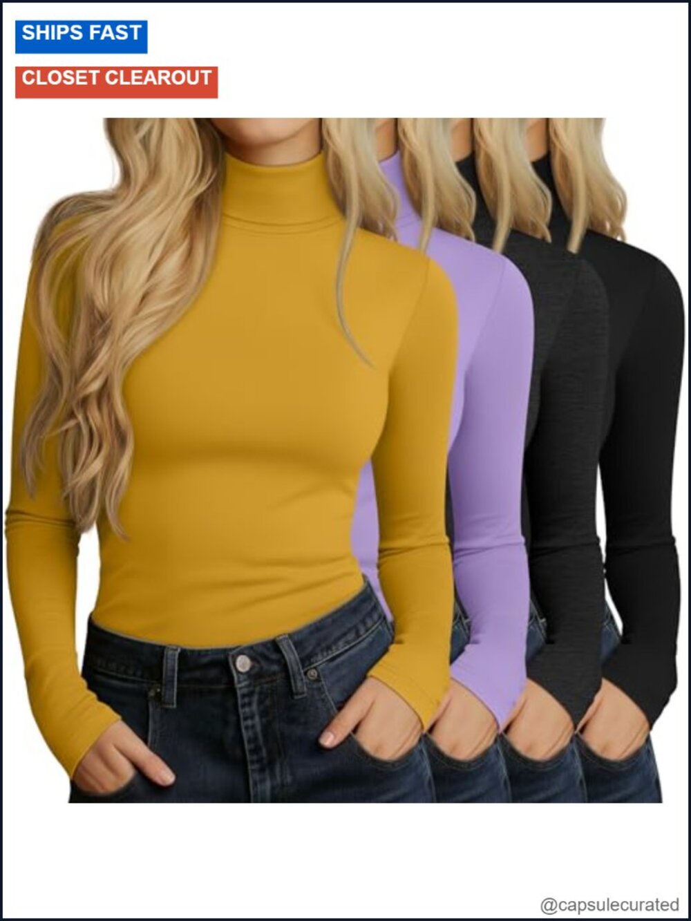 4 Pack Long Sleeve Mock Turtleneck Tops for Women Slim Fit Cotton Blend